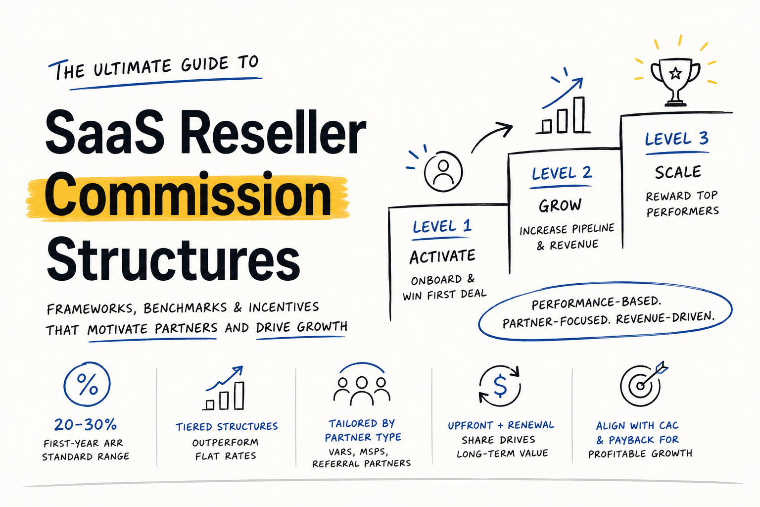 SaaS reseller commission structure framework showing tiered partner compensation, revenue share models, and channel partner incentive programs for 2026.