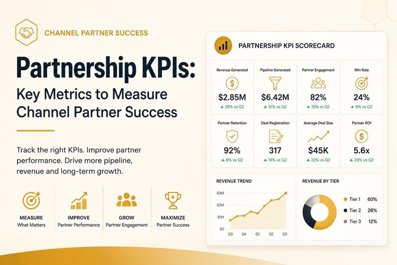 Dashboard graphic showing SaaS partnership KPIs and channel performance metrics